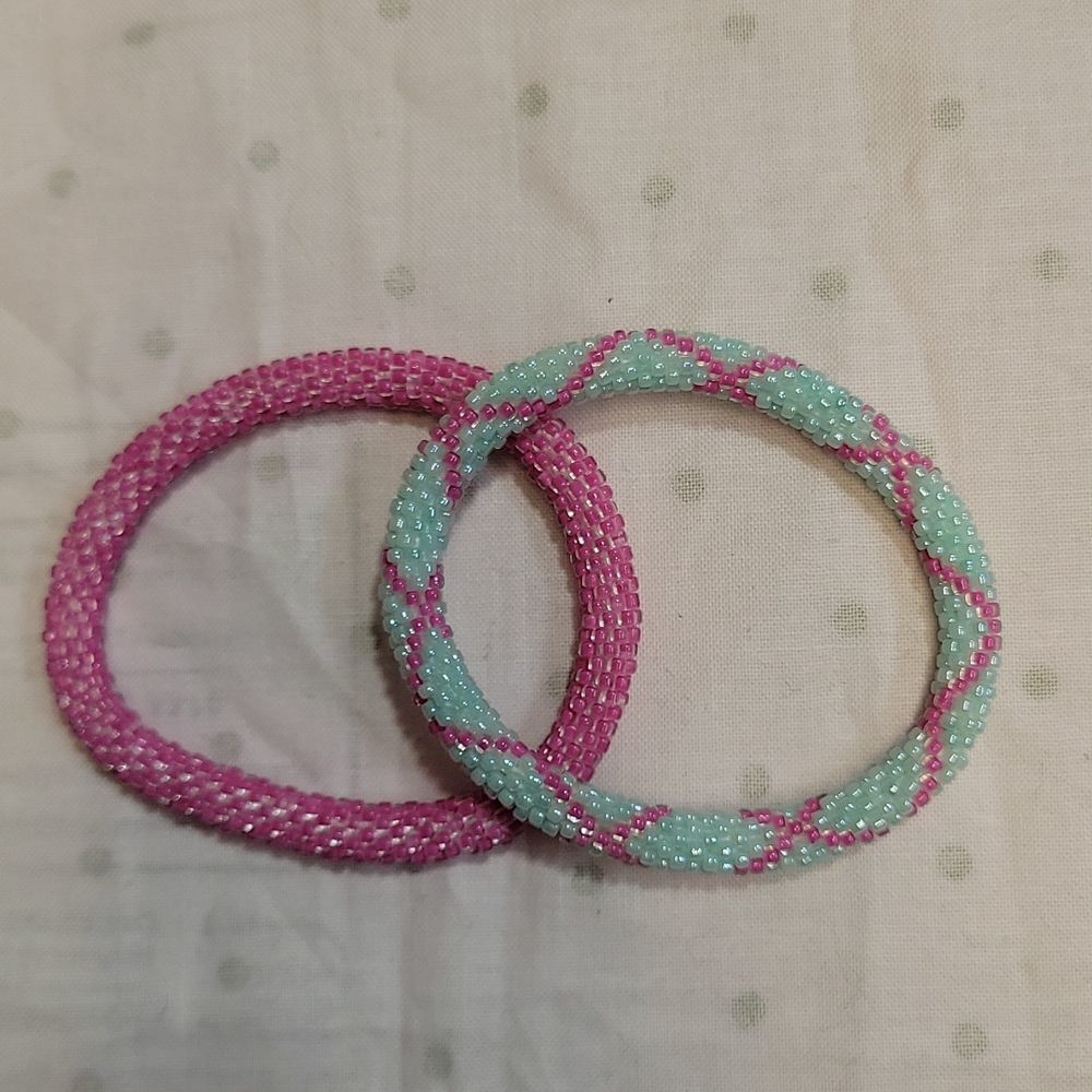 Set of 2 Sashka Bracelets Hot Pink & Blue/Pink Glass Beaded Bracelets